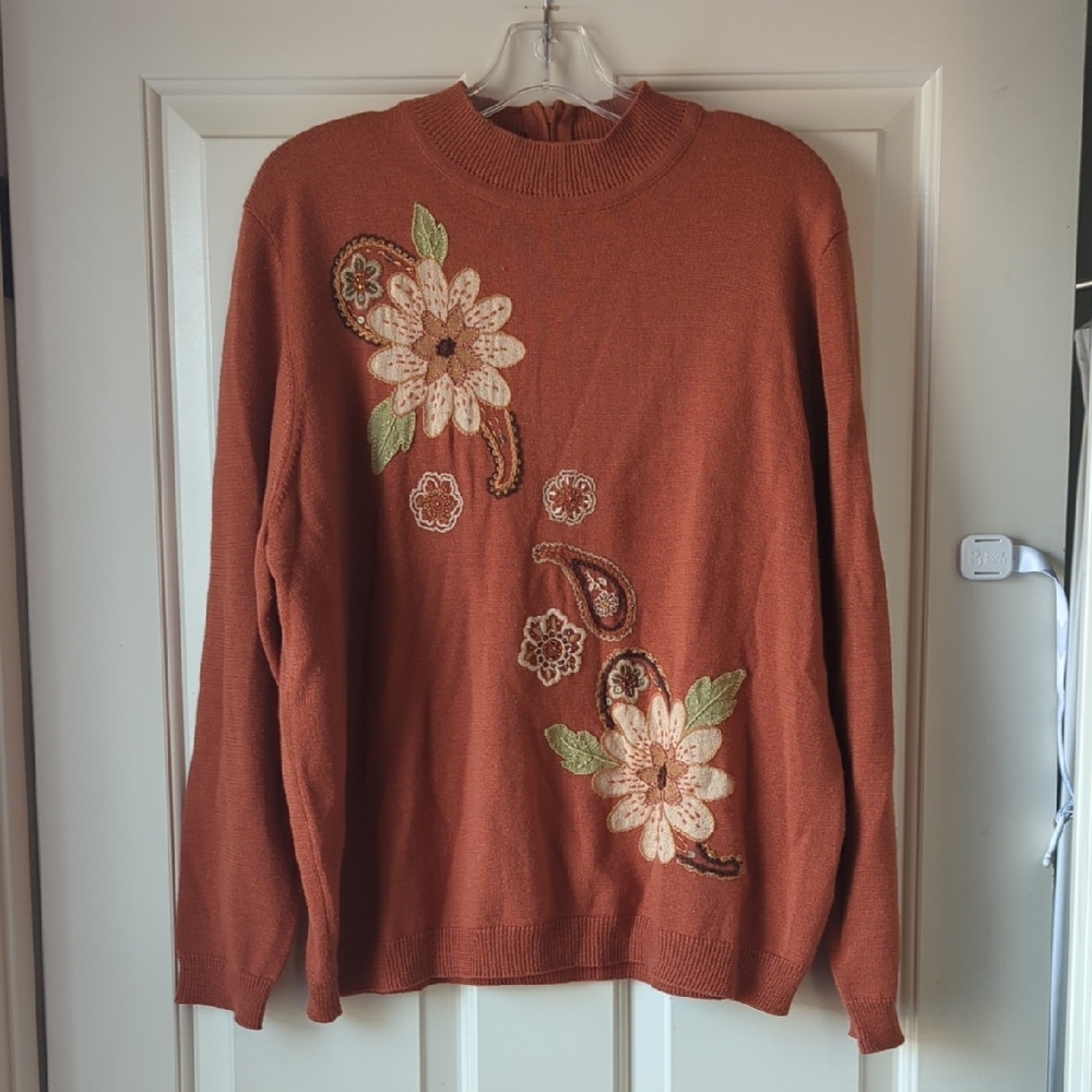 Rust Orange Sweater With Embroidery